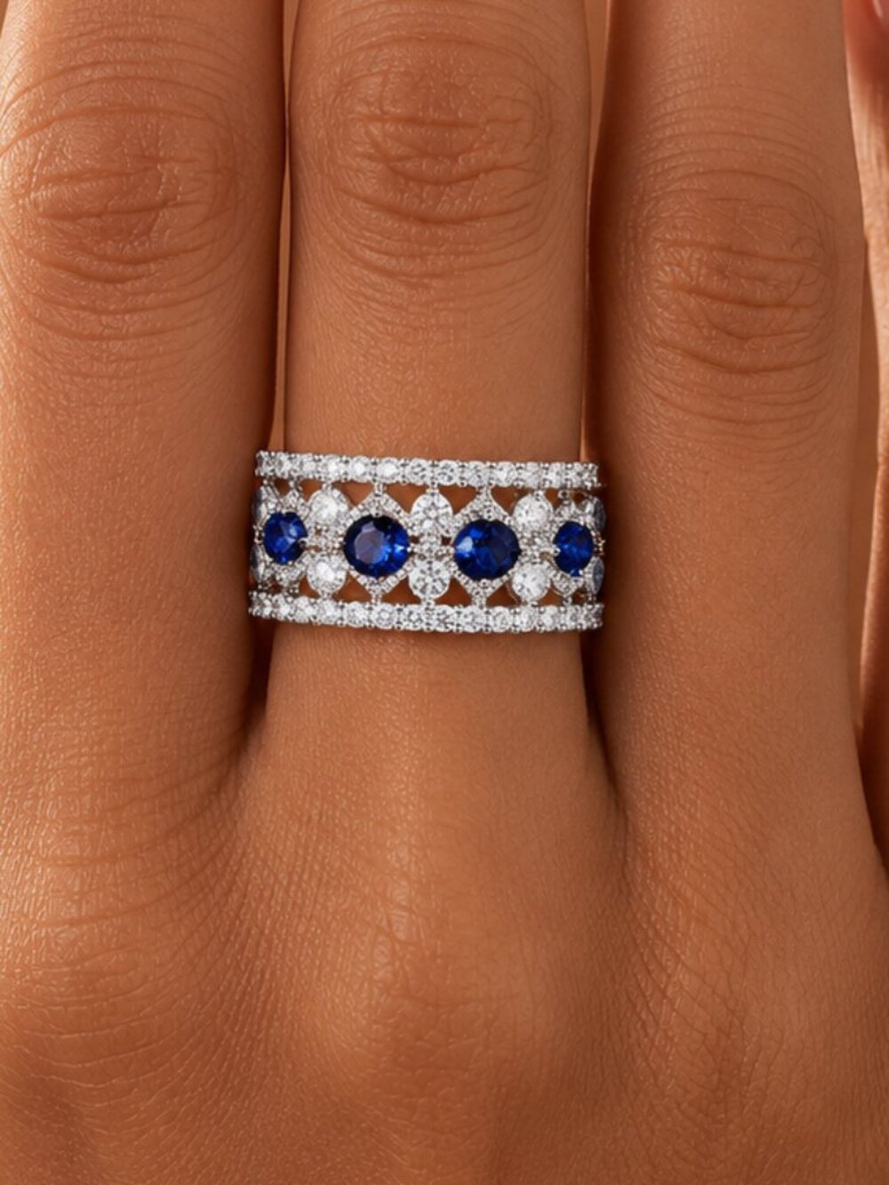 NEW 18k White Gold Blue Sapphire Diamond Ring Band